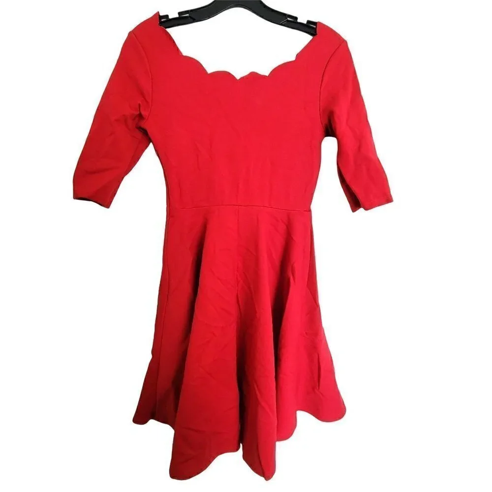 Lulu’s Fit and Flare Red Scalloped Neck 3/4 Sleeve Skater Mini Dress Size XSmall